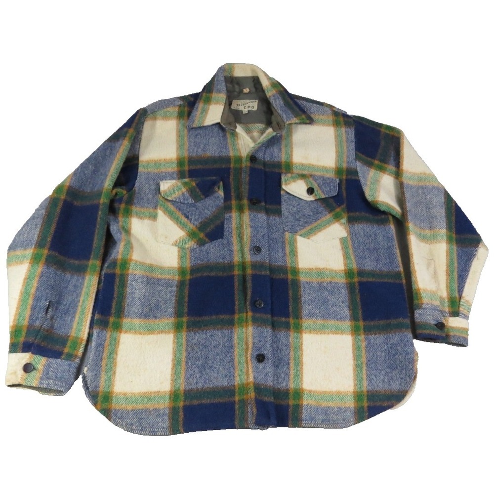 VTG Briarcliff CPO Wool Plaid Flannel Shirt Jacket M Austria Blue Green Cream 70